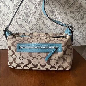 Vintage Coach Signature Canvas Shoulder Bag in Tan and Blue
